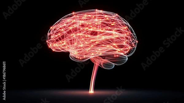 Obraz Glowing brain, neural network, abstract, digital, science, technology, black background
