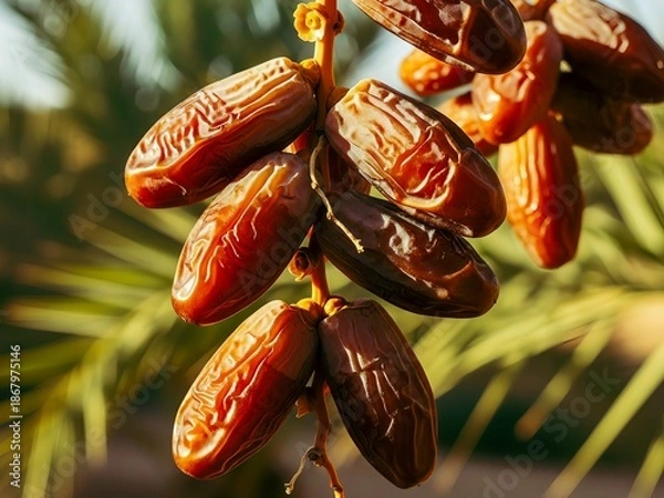 Obraz Sunlit ripe dates cluster on palm. Generative AI. 