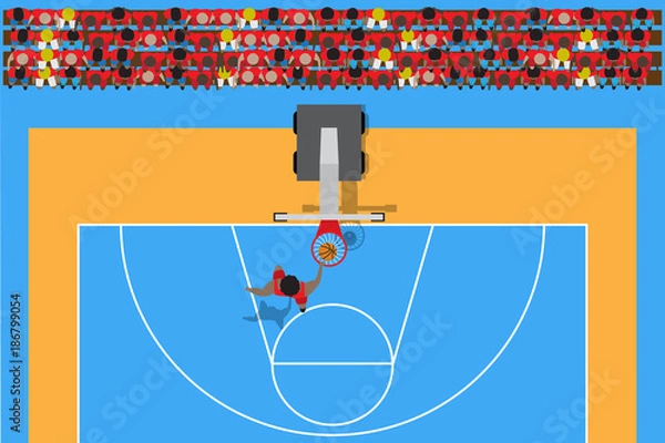 Fototapeta top view of player make slam dunk basketball infront of supporter