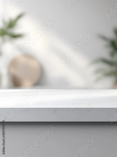 Obraz 화이트 톤 선반과 식물이 있는 밝은 인테리어 배경