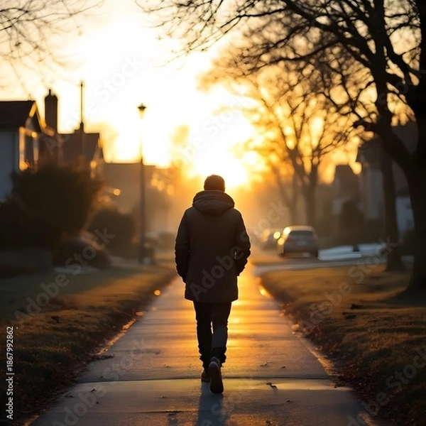 Obraz 겨울 노을빛이 물든 거리 풍경과 산책하는 사람