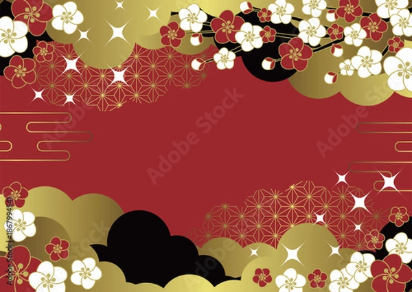 Obraz 和風背景イラスト、かわいい、シンプル、梅、赤、キラキラ、横