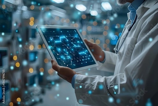 Obraz Doctor Holding Tablet with Abstract Digital Data Visualizations