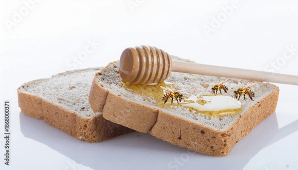 Obraz はちみつを塗った食パンの蜜を舐めるミツバチ generative ai