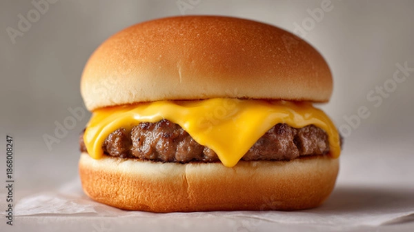 Fototapeta ふっくらしたバンズに肉厚なパティと濃厚なチェダーチーズがとろける本格チーズバーガー