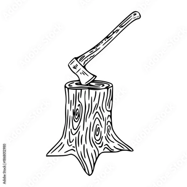 Obraz axe embedded in tree stump outline illustration