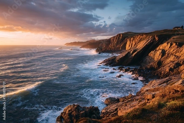 Fototapeta Sunset over rugged cliffs