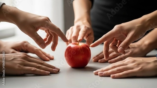 Obraz Diverse hands reaching for a red apple on a table