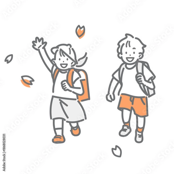 Obraz 笑顔で走ってくる小学生　シンプルでお洒落な線画イラスト