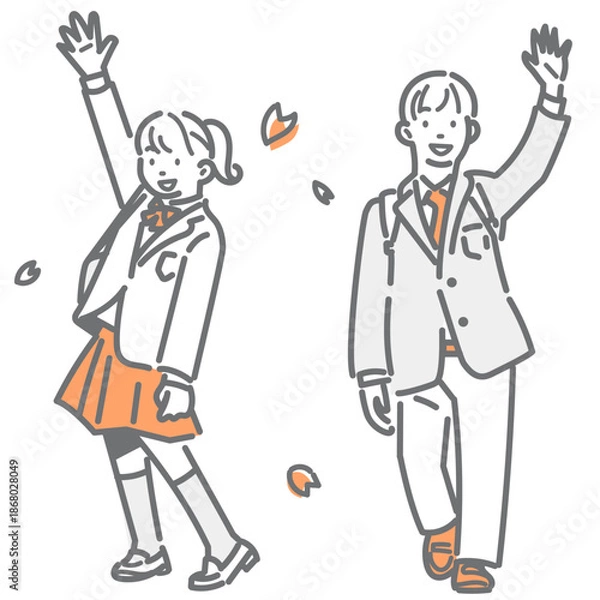 Obraz 笑顔で手を振る高校生　シンプルでお洒落な線画イラスト