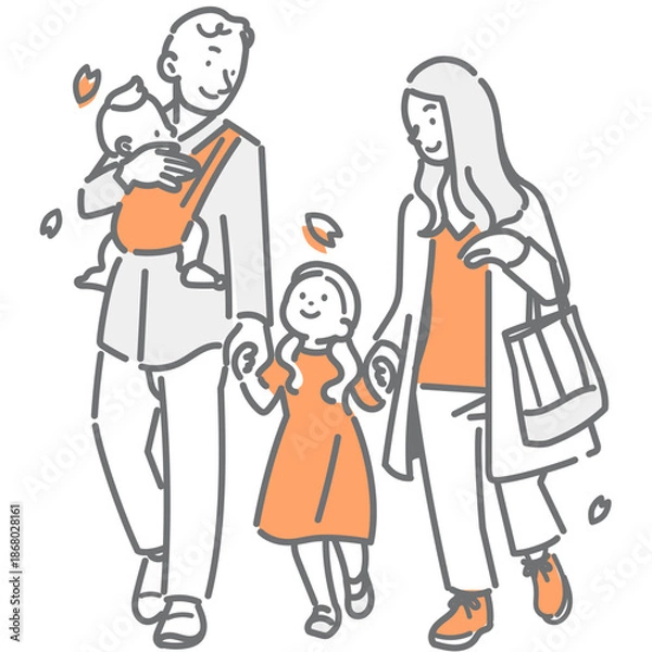 Fototapeta 春のお散歩を楽しむ若い家族　シンプルでお洒落な線画イラスト