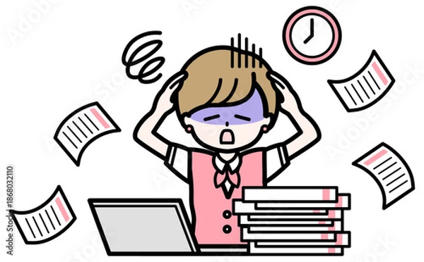 Fototapeta 書類に追われて困る事務員のイラスト 女性のシンプルな残業のイメージ素材