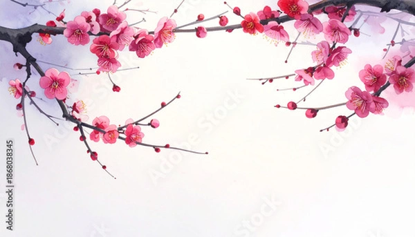 Obraz 静かな早春に咲く梅の花,水墨・水彩調,和風アート背景,　AI生成画像