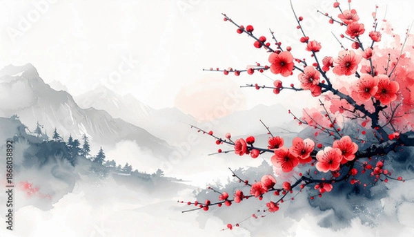 Fototapeta 静かな早春に咲く梅の花,水墨・水彩調,和風アート背景,　AI生成画像