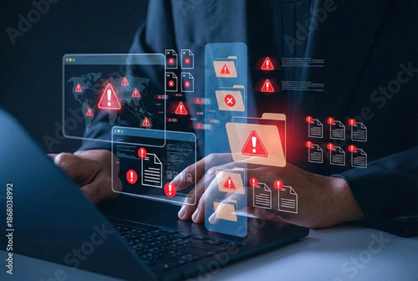 Obraz Cybersecurity file breach concept. Digital document and folder warning alert with error. malware attack, data corruption, and information loss through system vulnerability.