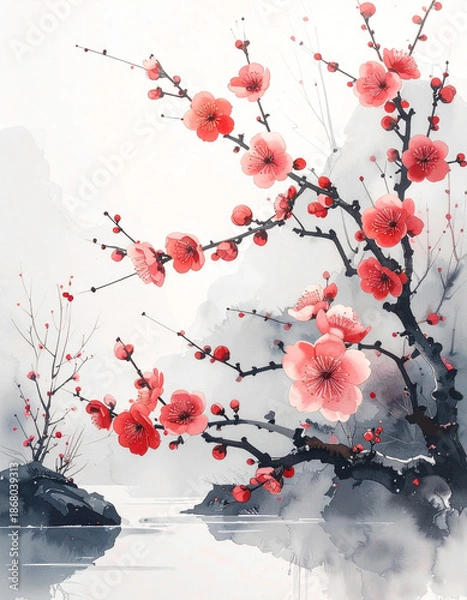 Fototapeta 静かな早春に咲く梅の花,水墨・水彩調,和風アート背景,　AI生成画像