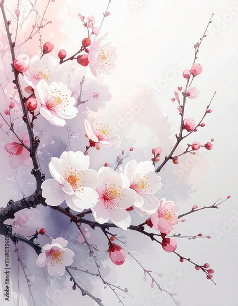 Fototapeta 静かな早春に咲く梅の花,水墨・水彩調,和風アート背景,　AI生成画像