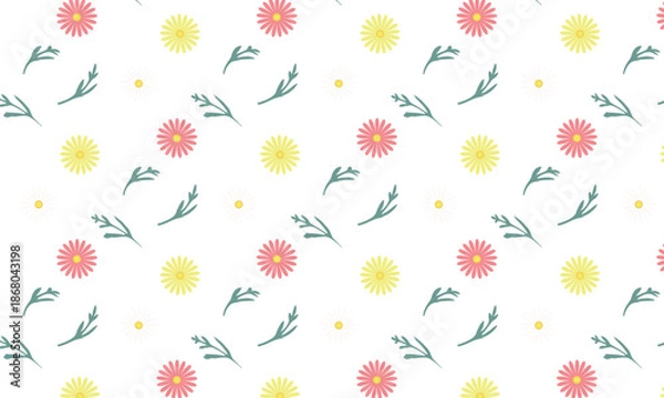 Obraz 葉っぱの装飾がある花びらが多めの白と黄色とピンクのマーガレットのカラフルな模様