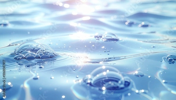 Obraz 光り輝く水面の魔法。虹色の光を放つバブルと穏やかな青い波紋の抽象背景