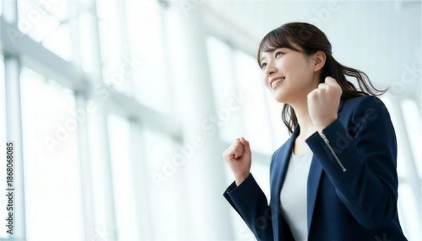 Obraz オフィスロビーで成功のガッツポーズをする女性