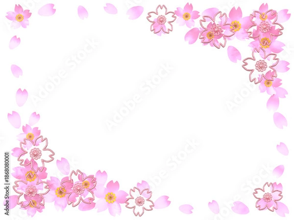 Obraz ペーパークラフトとピンクゴールドワイヤーの桜の3DCGフレーム　透過背景　影無し