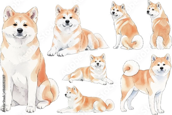 Obraz 秋田犬の水彩風イラストセット