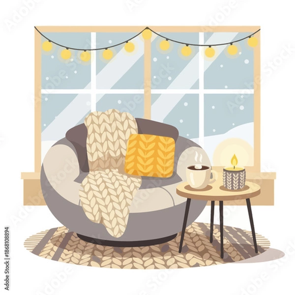 Obraz Cozy Sofa Corner Interior with Decorative String Lights