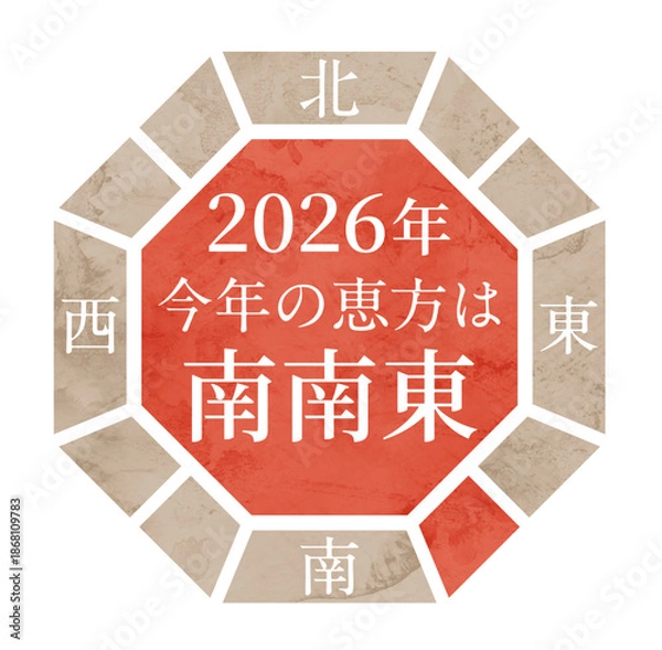 Fototapeta 2026年の恵方 南南東を示す和風方位図イラスト