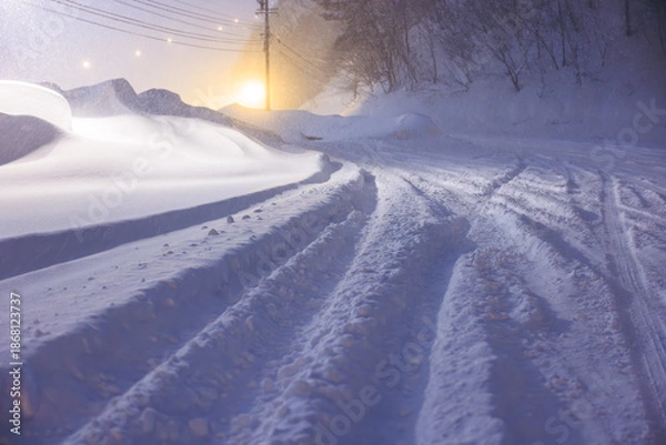 Obraz 夜の街灯に照らされる静かな雪道