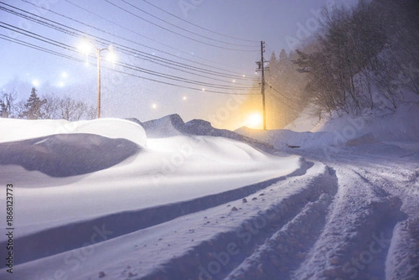 Obraz 夜の街灯に照らされる静かな雪道