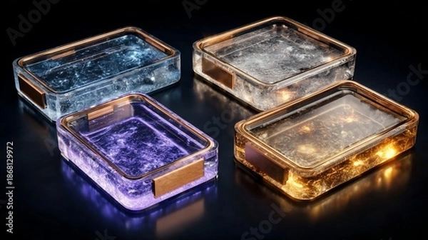 Obraz Four rectangular transparent containers with copper-colored trim on a dark background