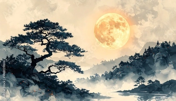 Obraz 水墨画風 月と松が映える和風夜景