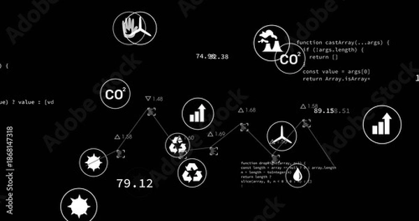 Obraz Displaying centered dataviz cluster with connected nodes on dashboard, showing CO2 badges and code
