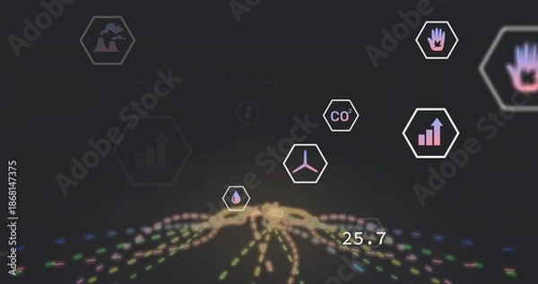 Obraz Pulsing central node sending streams across dark UI, showing 25