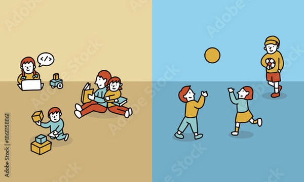 Obraz インドアとアウトドアの遊び方をする子供のイラスト