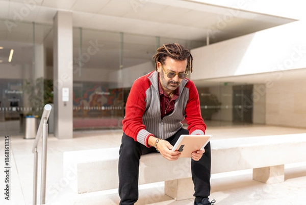 Obraz Mature Man with Dreadlocks Using Digital Tablet on City Bench