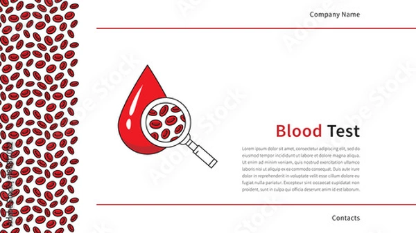 Obraz Blood test cover page vector template. Cover layout for annual report, presentation, official documents. Lifesaver campaign wide screen template graphic design.