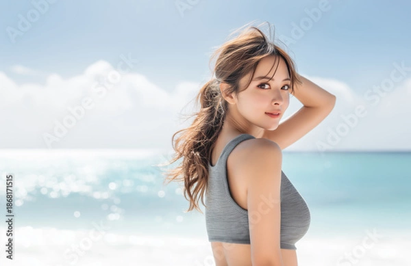 Obraz ビーチでポーズをとる女性モデル