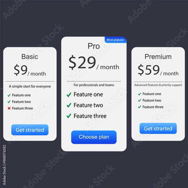 Obraz Pricing Table UI Design for SaaS and Startup Website.Vector illustration