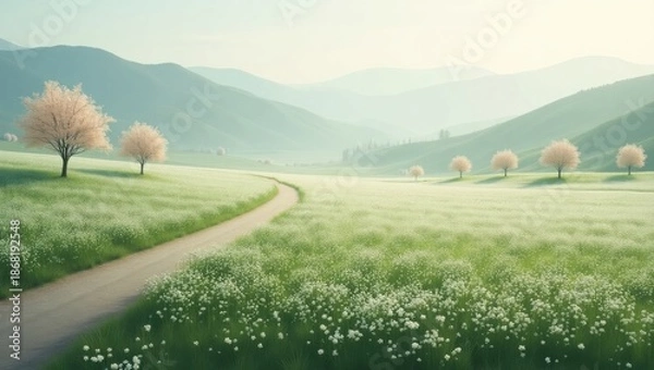 Obraz Serene countryside path with blossoming trees