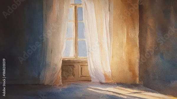 Fototapeta カーテン越しの朝日と窓 室内風景の水彩イラスト 背景素材