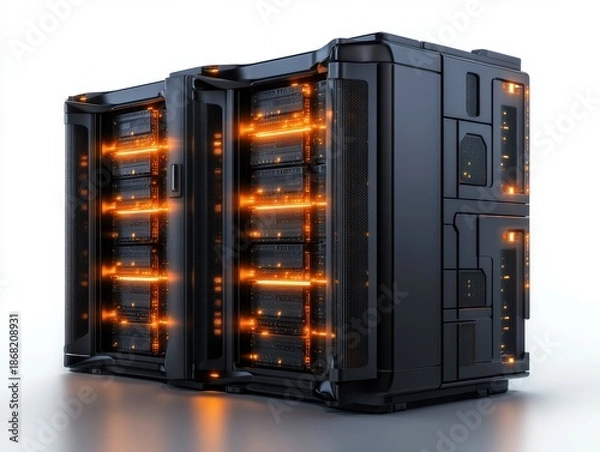 Obraz High-tech data server with multiple storage units and glowing lights in a modern setting
