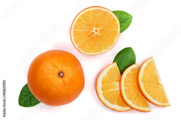 Fototapeta Orange with slice and leaf isolated on the white background. Flat lay pattern. Top view