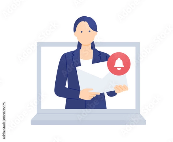 Obraz 重要なお知らせやニュースの受信。リマインダーや更新情報の確認。メールを持つビジネスウーマン。