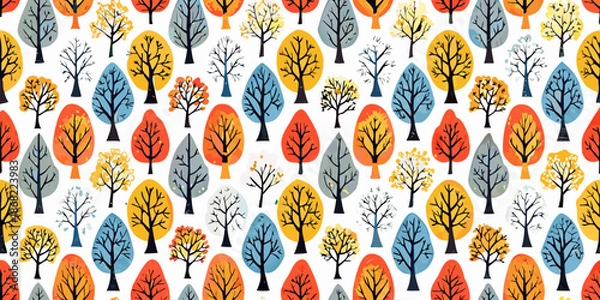 Obraz Colorful stylized trees form a repeating pattern on a white background