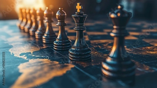 Obraz Global strategy chess pieces on world map, sunset