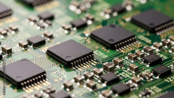 Fototapeta Blue electronic circuit board background texture with components