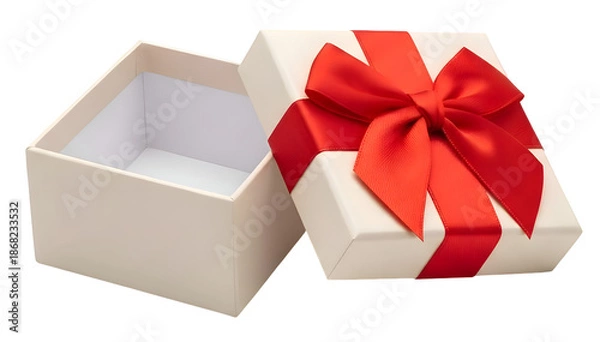 Fototapeta [Generative AI] 빨간 리본이 달린 열린 화이트 선물 상자