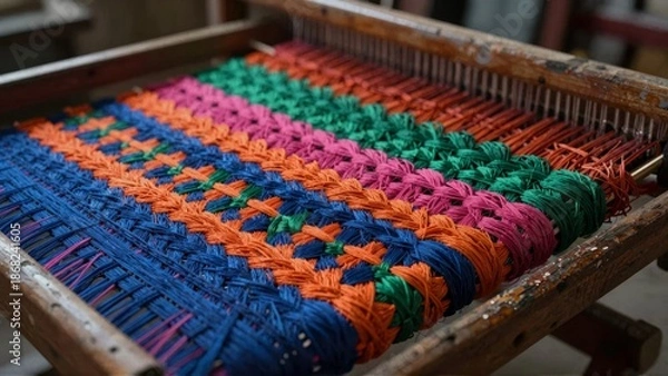 Obraz Colorful weaving loom with vibrant threads