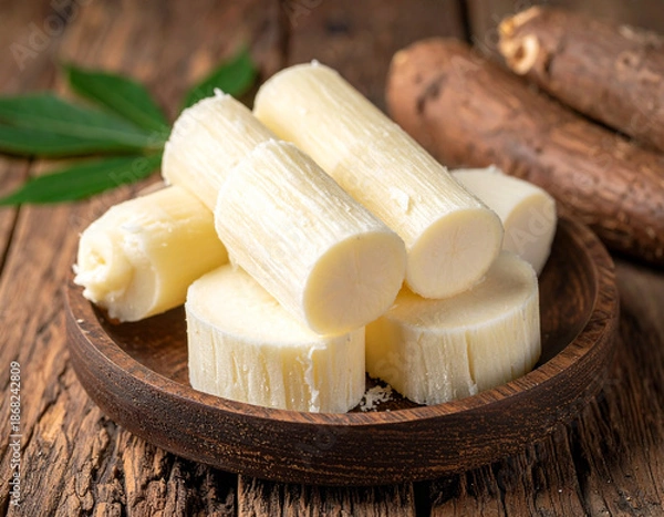 Obraz Sliced cassava root on wooden surface
